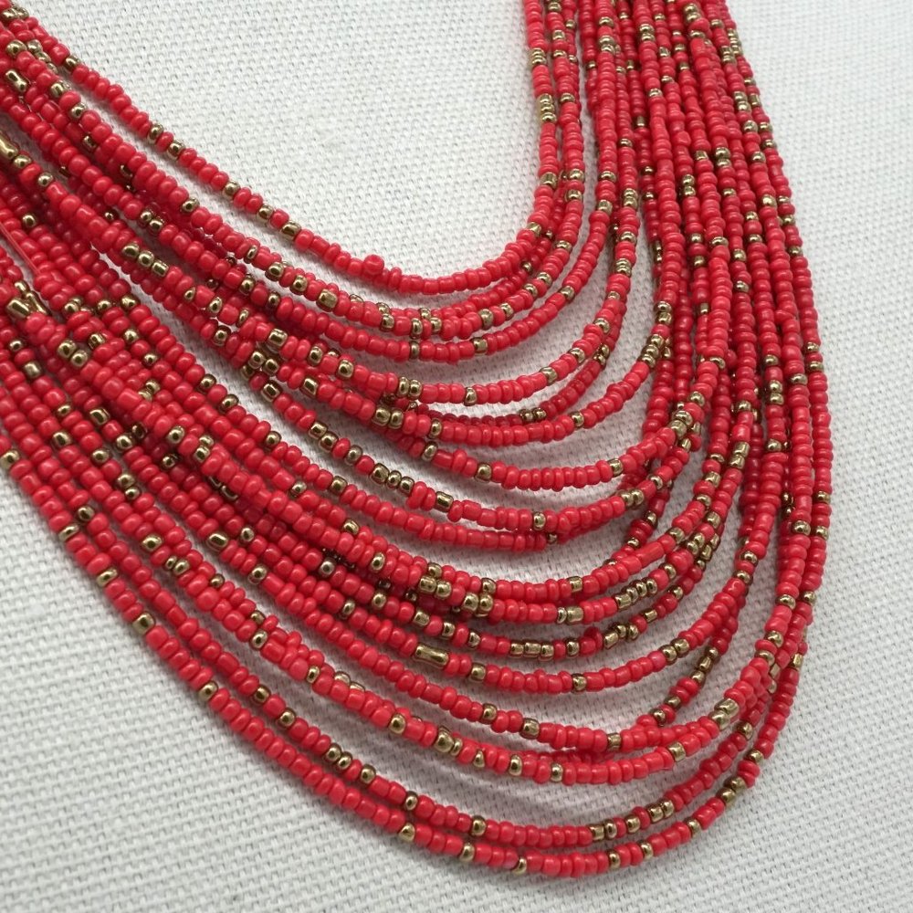 Multi Strand Necklace Rice Beads.Red Gold. - Picture 3 of 4